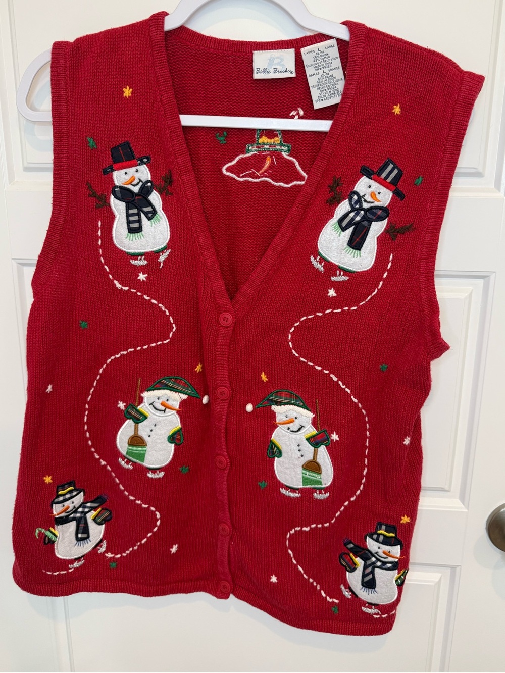 Bobbie Brooks Red Ice Skating Snowmen Christmas Sweater Vest Women's Lg VTG